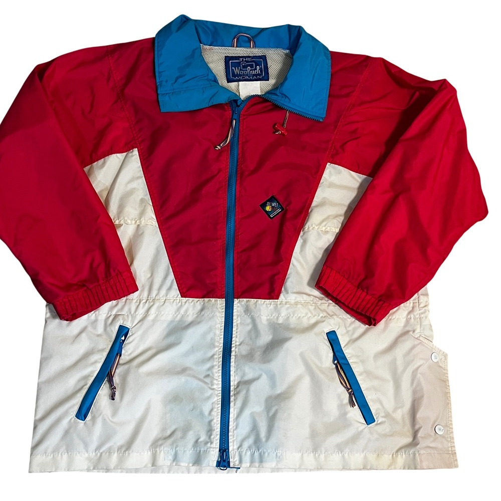 Vintage 90s Woolrich Woman Colorblock Windbreaker Jacket L Pink White Blue